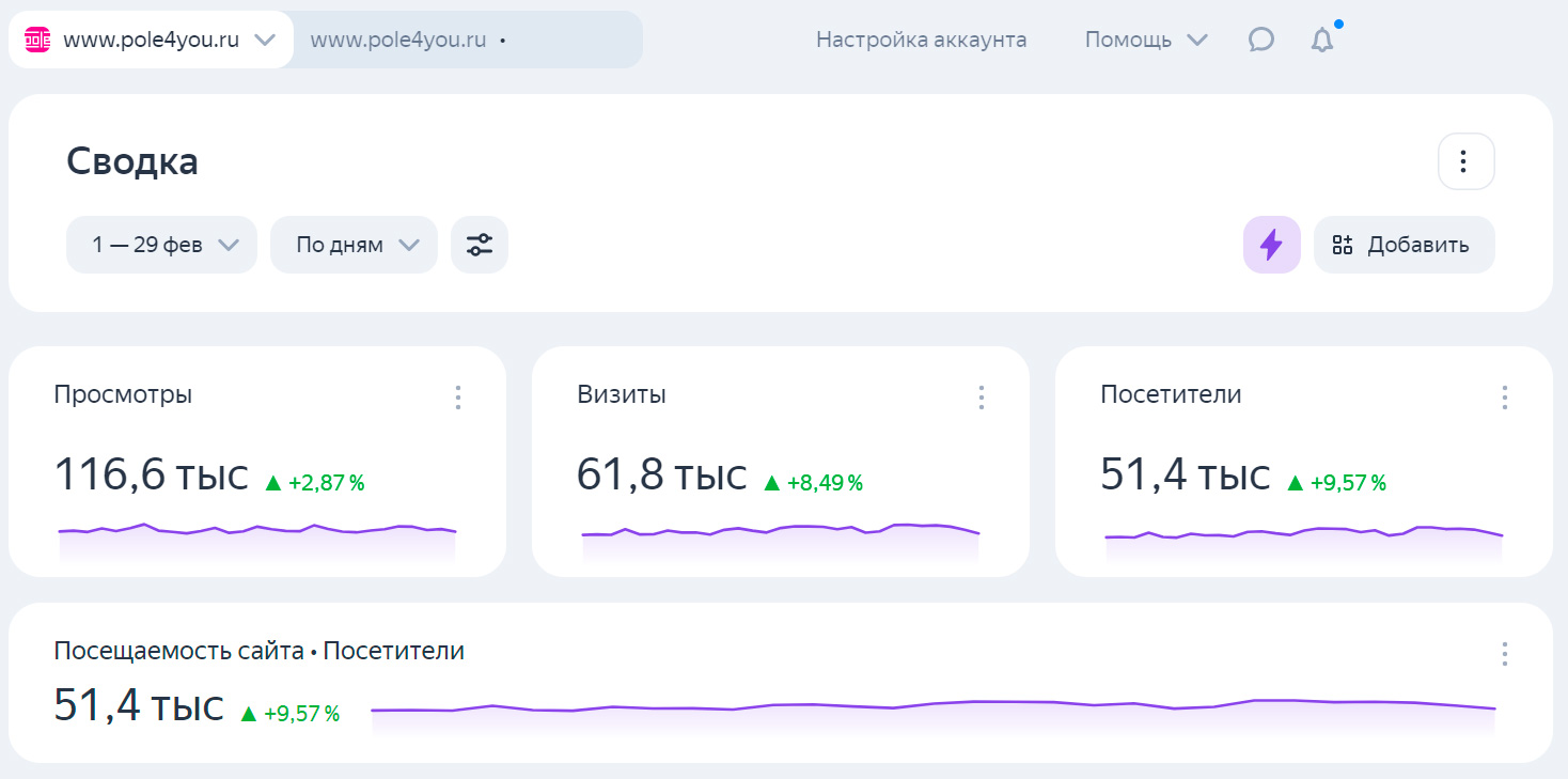 Посещаемость сайта pole4you.ru популярность компании в сети