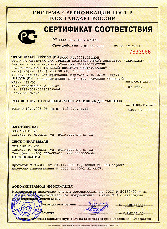 сертификат соответствия для подвесов и креплений воздушных снарядов