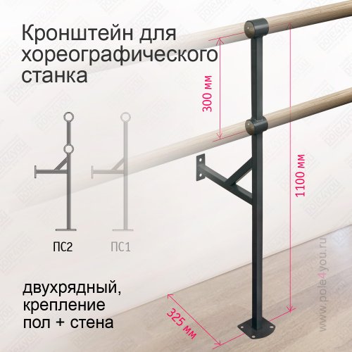 Хореографический станок двухрядный (крепление напольно-настенное) - комплект на 1,5 м. фото 4